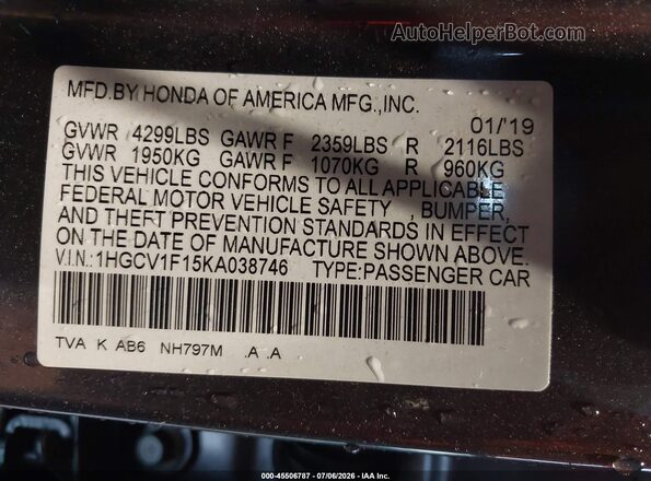 1HGCV1F15KA038746 2019 HONDA ACCORD Серый Вид подкапотного пространства