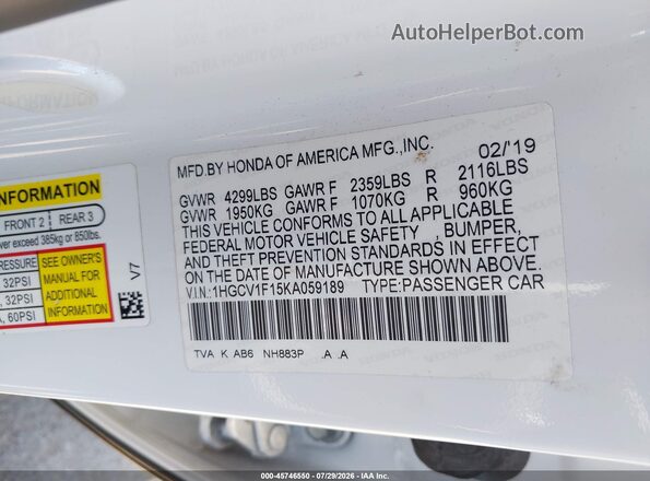 1HGCV1F15KA059189 2019 HONDA ACCORD White Widok komory silnika