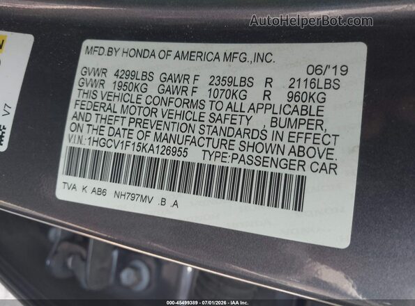 1HGCV1F15KA126955 2019 HONDA ACCORD Gray Vista del compartimento del motor