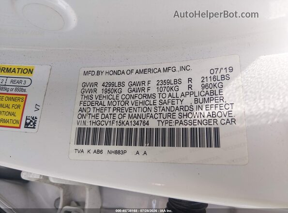 1HGCV1F15KA134764 2019 HONDA ACCORD White Vista del compartimento del motor