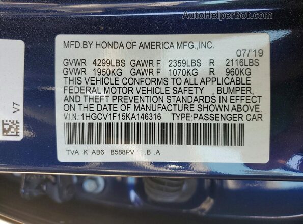 1HGCV1F15KA146316 2019 HONDA ACCORD Blue Vista de la etiqueta del VIN