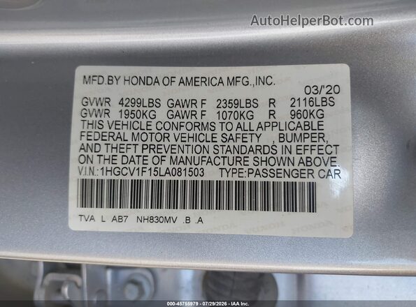 1HGCV1F15LA081503 2020 HONDA ACCORD Silver Engine compartment view