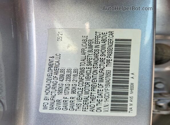 1HGCV1F15MA076593 2021 HONDA ACCORD Silver VIN კოდის სტიკერის ხედი