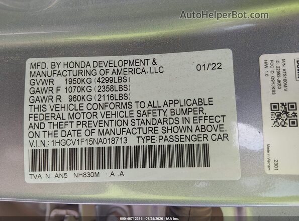 1HGCV1F15NA018713 2022 HONDA ACCORD Silver Widok komory silnika