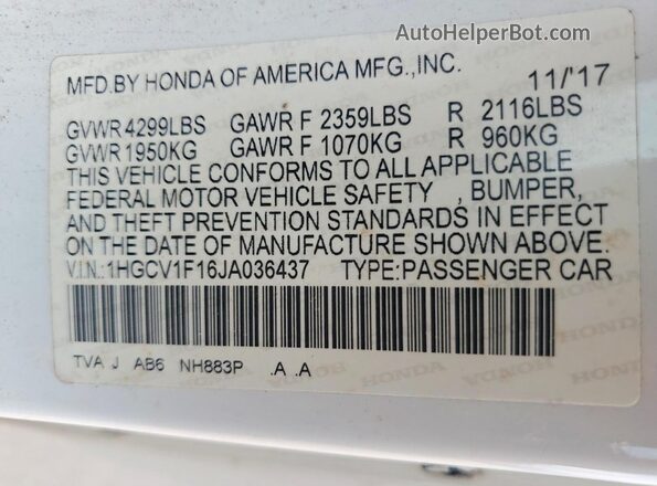 1HGCV1F16JA036437 2018 HONDA ACCORD Белый Вид подкапотного пространства