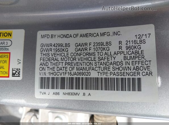 1HGCV1F16JA069020 2018 HONDA ACCORD Silver Vista del compartimento del motor