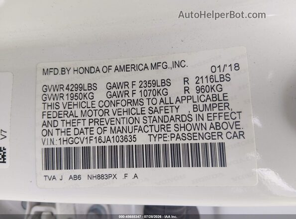 1HGCV1F16JA103635 2018 HONDA ACCORD White ძრავის განყოფილების ხედი