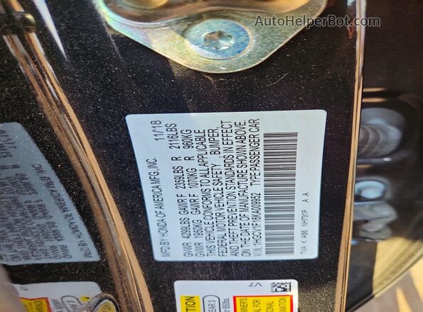 1HGCV1F16KA009952 2019 HONDA ACCORD Black Вид наклейки з VIN-кодом