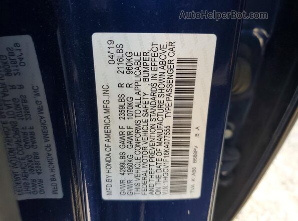1HGCV1F16KA077555 2019 HONDA ACCORD Blue Շարժիչի բաժամունքի տեսք