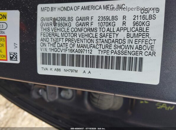 1HGCV1F16KA097112 2019 HONDA ACCORD Gray Vista del compartimento del motor