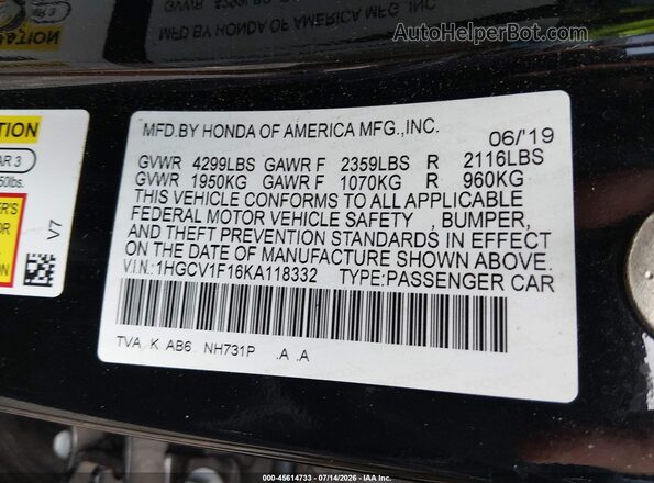 1HGCV1F16KA118332 2019 HONDA ACCORD Black Vista del compartimento del motor