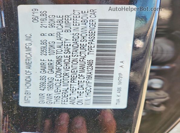 1HGCV1F16KA123465 2019 HONDA ACCORD Черный Вид наклейки с VIN-кодом