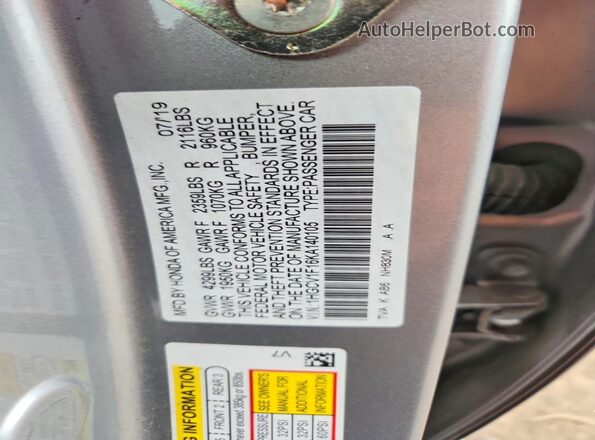 1HGCV1F16KA140105 2019 HONDA ACCORD Silver ძრავის განყოფილების ხედი