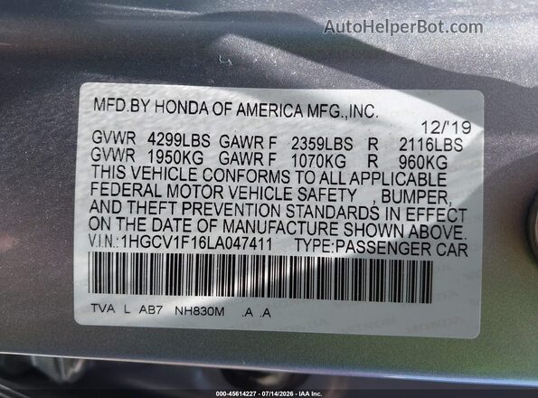 1HGCV1F16LA047411 2020 HONDA ACCORD Silver Vista del compartimento del motor