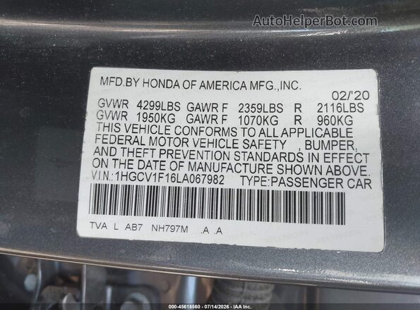 1HGCV1F16LA067982 2020 HONDA ACCORD Gray Вид підкапотного простору