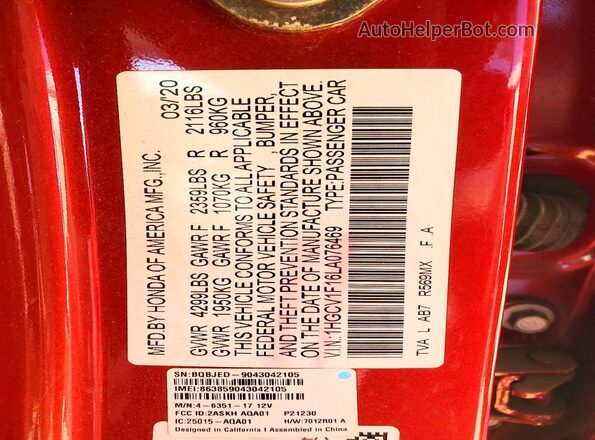 1HGCV1F16LA076469 2020 HONDA ACCORD Red Vista del compartimento del motor