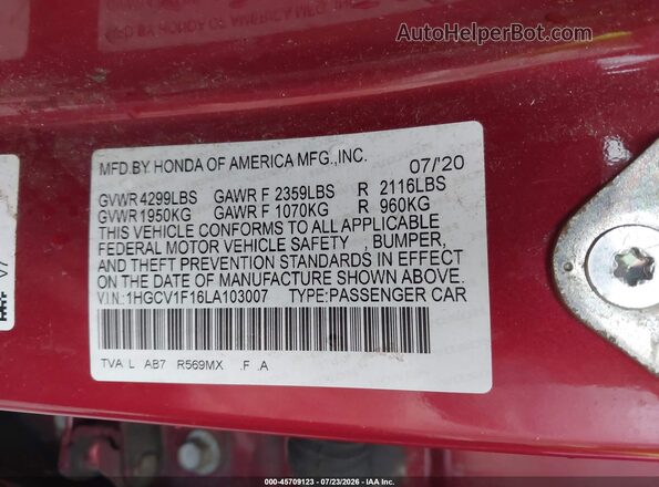 1HGCV1F16LA103007 2020 HONDA ACCORD Red Շարժիչի բաժամունքի տեսք