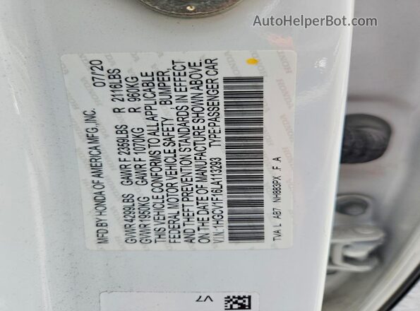 1HGCV1F16LA113293 2020 HONDA ACCORD White Вид наклейки з VIN-кодом