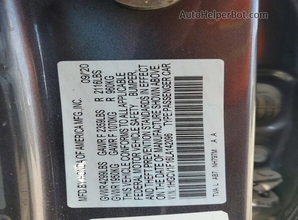 1HGCV1F16LA142096 2020 HONDA ACCORD Charcoal ძრავის განყოფილების ხედი