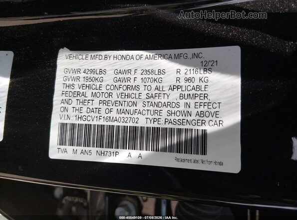1HGCV1F16MA032702 2021 HONDA ACCORD Black Շարժիչի բաժամունքի տեսք