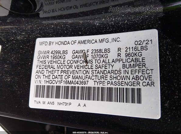 1HGCV1F16MA043697 2021 HONDA ACCORD Black Vista del compartimento del motor