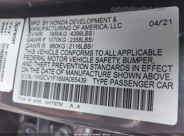 1HGCV1F16MA065439 2021 HONDA ACCORD Black Engine compartment view
