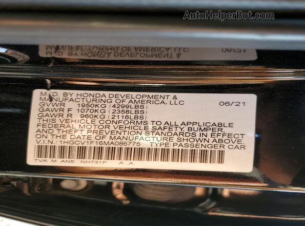 1HGCV1F16MA086775 2021 HONDA ACCORD Black Շարժիչի բաժամունքի տեսք