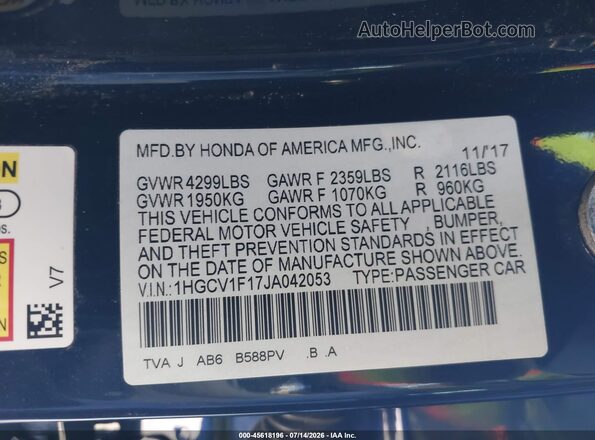1HGCV1F17JA042053 2018 HONDA ACCORD Dark Blue Widok komory silnika