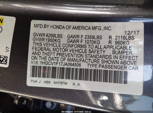 1HGCV1F17JA064506 2018 HONDA ACCORD Gray Engine compartment view
