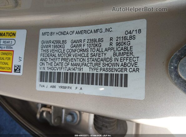 1HGCV1F17JA147191 2018 HONDA ACCORD Gold Շարժիչի բաժամունքի տեսք