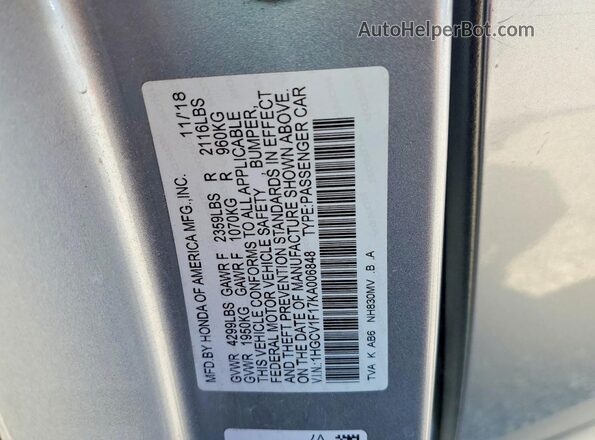 1HGCV1F17KA006848 2019 HONDA ACCORD Silver ძრავის განყოფილების ხედი