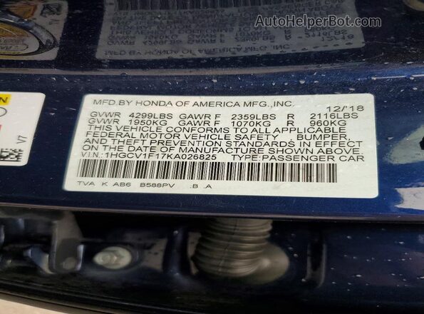 1HGCV1F17KA026825 2019 HONDA ACCORD Синий Вид подкапотного пространства