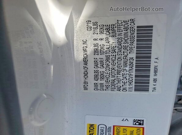 1HGCV1F17KA054124 2019 HONDA ACCORD White VIN კოდის სტიკერის ხედი