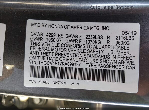 1HGCV1F17KA099127 2019 HONDA ACCORD Gray Շարժիչի բաժամունքի տեսք