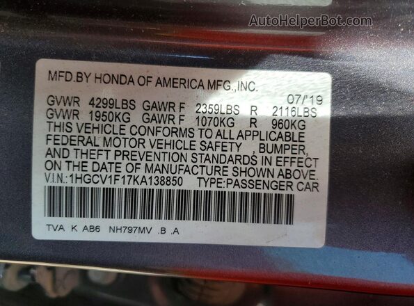 1HGCV1F17KA138850 2019 HONDA ACCORD Gray VIN կոդի պիտակի տեսք
