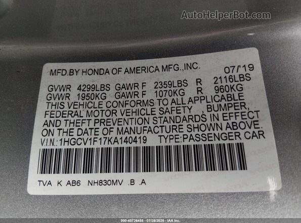 1HGCV1F17KA140419 2019 HONDA ACCORD Silver Engine compartment view