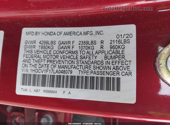 1HGCV1F17LA048079 2020 HONDA ACCORD Красный Вид подкапотного пространства