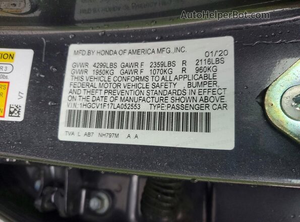 1HGCV1F17LA052553 2020 HONDA ACCORD Gray VIN კოდის სტიკერის ხედი