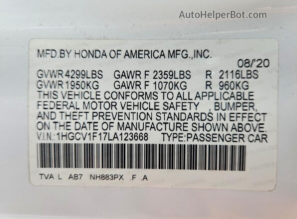 1HGCV1F17LA123668 2020 HONDA ACCORD White Vista de la etiqueta del VIN