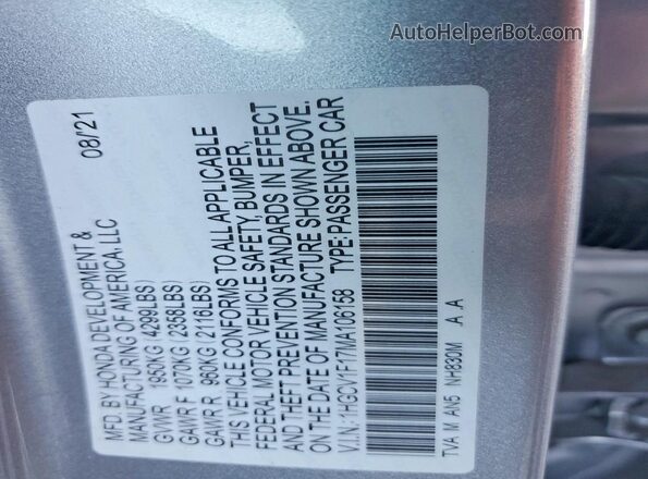 1HGCV1F17MA106158 2021 HONDA ACCORD Серебряный Вид подкапотного пространства