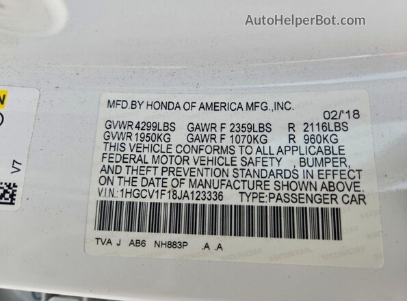 1HGCV1F18JA123336 2018 HONDA ACCORD Белый Вид подкапотного пространства