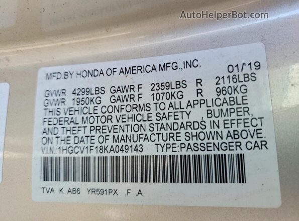 1HGCV1F18KA049143 2019 HONDA ACCORD Gold ძრავის განყოფილების ხედი