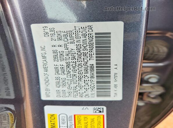 1HGCV1F18KA169864 2019 HONDA ACCORD Серый Вид подкапотного пространства