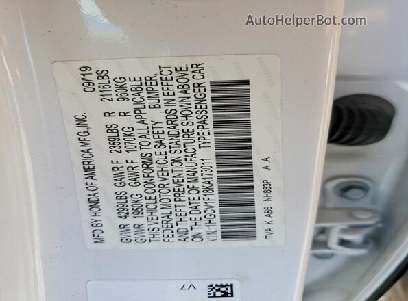 1HGCV1F18KA173011 2019 HONDA ACCORD White VIN կոդի պիտակի տեսք