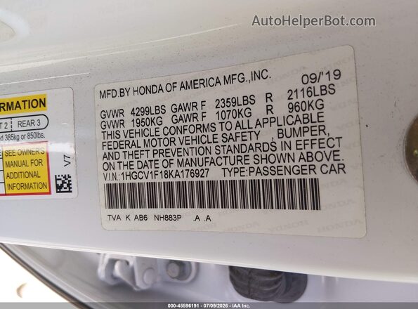1HGCV1F18KA176927 2019 HONDA ACCORD White ძრავის განყოფილების ხედი