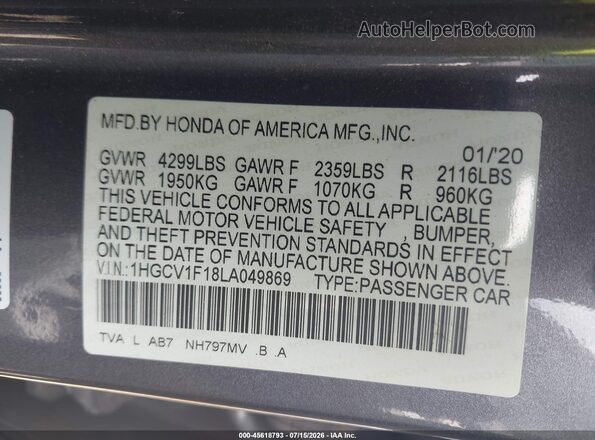 1HGCV1F18LA049869 2020 HONDA ACCORD Gray Widok komory silnika