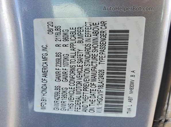 1HGCV1F18LA124926 2020 HONDA ACCORD Silver Engine compartment view