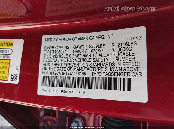 1HGCV1F19JA038165 2018 HONDA ACCORD Red Vista del compartimento del motor