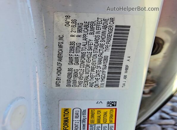 1HGCV1F19JA152800 2018 HONDA ACCORD Белый Вид подкапотного пространства