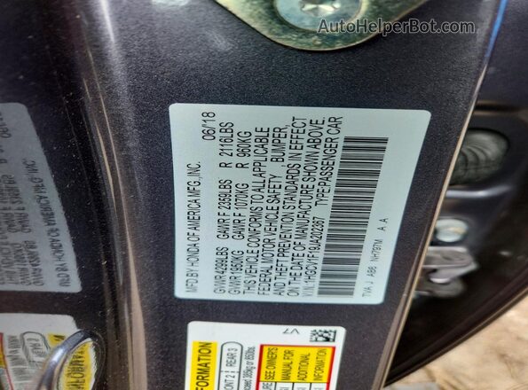 1HGCV1F19JA202367 2018 HONDA ACCORD Gray ძრავის განყოფილების ხედი